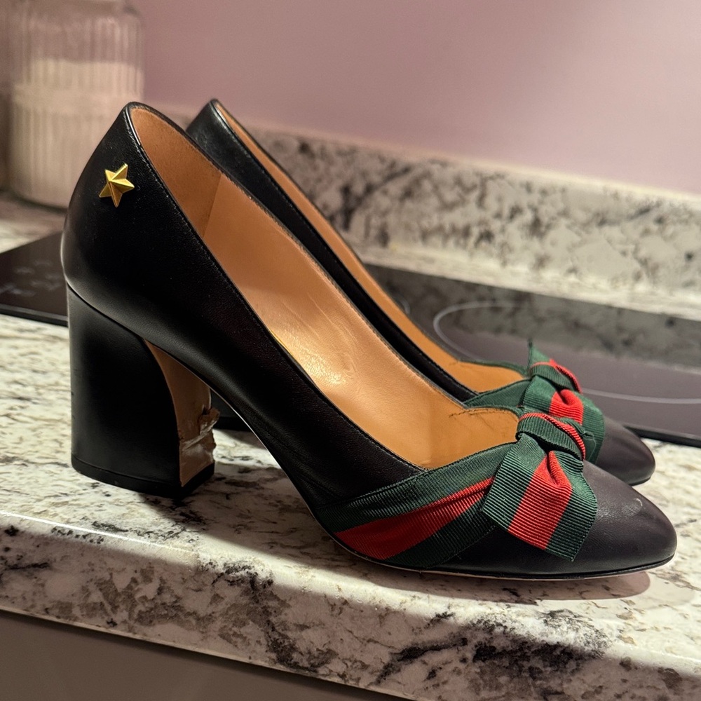 Gucci Black Heels with Red and Green Bow